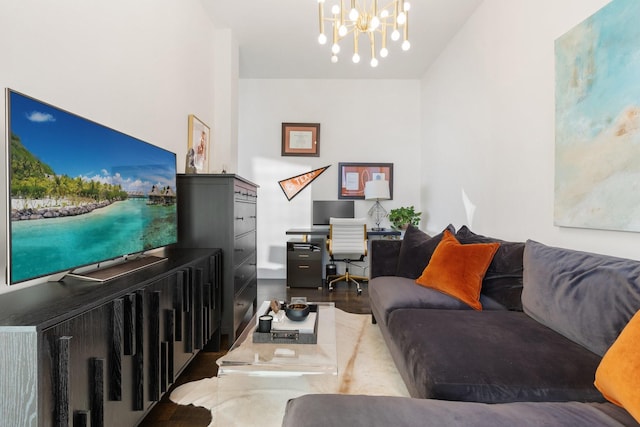2200 Victory Ave Unit 1105, Dallas, TX 75219 - living room featuring an office area, a chandelier, and wood finished floors