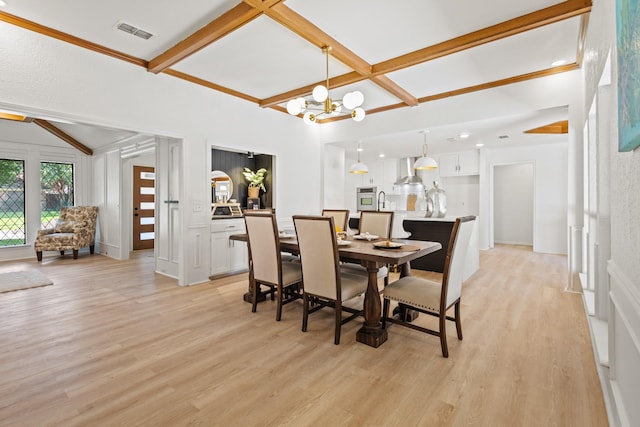 3948 Camino Dr, Plano, TX 75074 - dining space featuring light wood-style floors, a chandelier, coffered ceiling, and beamed ceiling