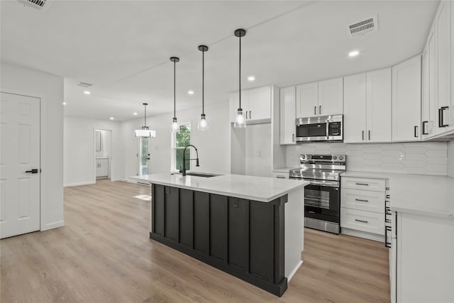 812 Sylvan Dr, Garland, TX 75040 - kitchen with appliances with stainless steel finishes, tasteful backsplash, white cabinets, light wood-style floors, and recessed lighting