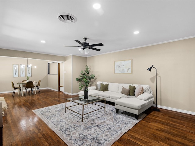 4108 Grand Lake Dr, Lake Worth, TX 76135 - living room featuring wood finished floors, crown molding, ceiling fan, recessed lighting, and a chandelier
