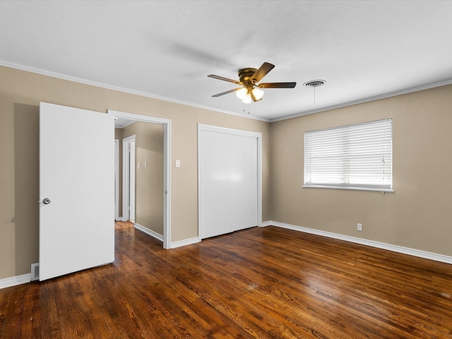 4108 Grand Lake Dr, Lake Worth, TX 76135 - unfurnished bedroom with ornamental molding, wood finished floors, a closet, and a ceiling fan