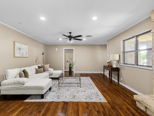 4108 Grand Lake Dr, Lake Worth, TX 76135 - living area featuring recessed lighting, wood finished floors, a ceiling fan, and crown molding