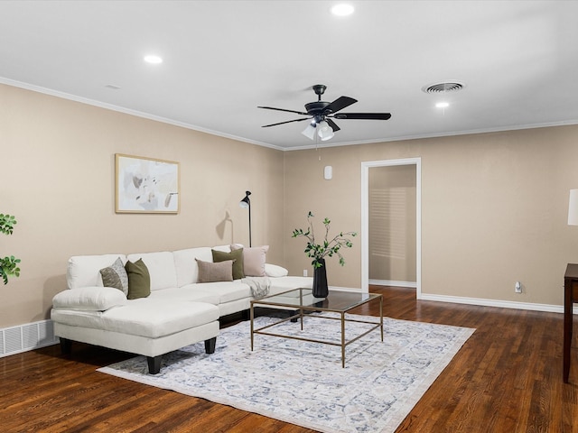 4108 Grand Lake Dr, Lake Worth, TX 76135 - living room featuring a ceiling fan, crown molding, dark wood-style flooring, and recessed lighting