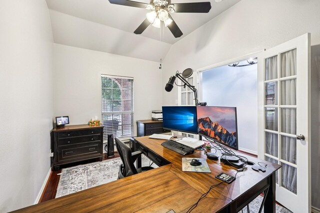 8700 Blacktail Trl, Mckinney, TX 75070 - office featuring vaulted ceiling, ceiling fan, and wood finished floors