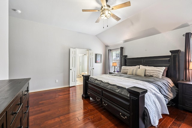 8700 Blacktail Trl, Mckinney, TX 75070 - bedroom with dark wood-style floors, vaulted ceiling, and ceiling fan