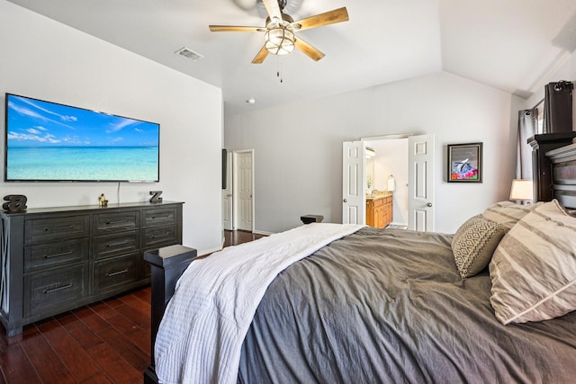 8700 Blacktail Trl, Mckinney, TX 75070 - bedroom featuring dark wood-type flooring, vaulted ceiling, a ceiling fan, and ensuite bath