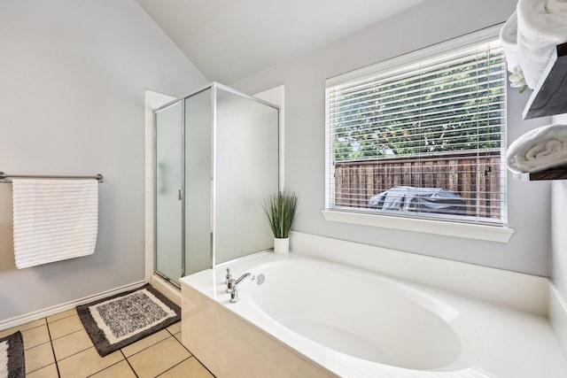 8700 Blacktail Trl, Mckinney, TX 75070 - full bath featuring a stall shower, a garden tub, tile patterned floors, and lofted ceiling