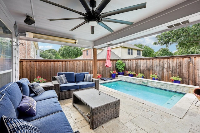 8700 Blacktail Trl, Mckinney, TX 75070 - view of pool with outdoor lounge area, a fenced backyard, a ceiling fan, and a patio