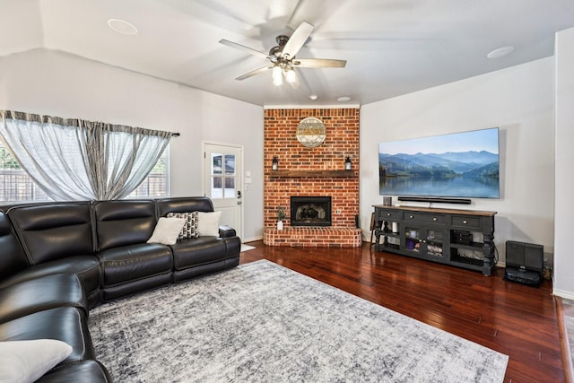 8700 Blacktail Trl, Mckinney, TX 75070 - living room with a ceiling fan, hardwood / wood-style flooring, healthy amount of natural light, and a brick fireplace