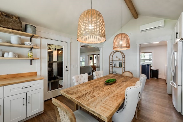 111 Adams Row, Streetman, TX 75859 - dining room with dark wood-style floors, beamed ceiling, an AC wall unit, and high vaulted ceiling
