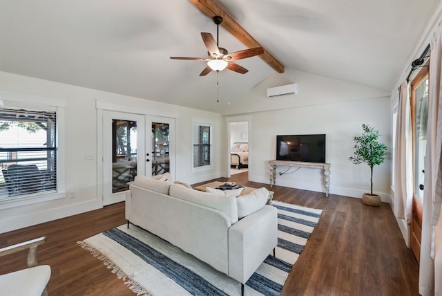 111 Adams Row, Streetman, TX 75859 - living area with a wall unit AC, french doors, wood finished floors, and a ceiling fan