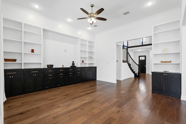 1014 Ember Crest Dr, Rockwall, TX 75087 - kitchen with open shelves, dark cabinets, a ceiling fan, built in shelves, and ornamental molding