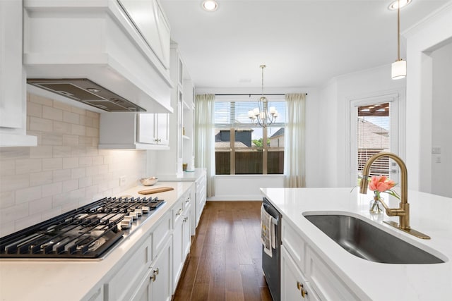 1014 Ember Crest Dr, Rockwall, TX 75087 - kitchen featuring appliances with stainless steel finishes, white cabinets, premium range hood, dark wood-style floors, and tasteful backsplash