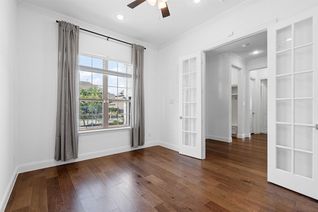1014 Ember Crest Dr, Rockwall, TX 75087 - empty room with ornamental molding, hardwood / wood-style floors, a ceiling fan, french doors, and recessed lighting