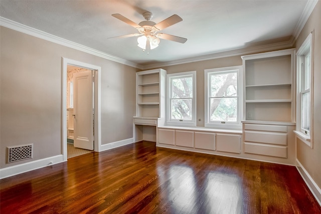 6224 Curzon Ave, Fort Worth, TX 76116 - spare room featuring dark wood finished floors, a ceiling fan, and ornamental molding