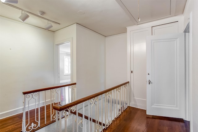 6224 Curzon Ave, Fort Worth, TX 76116 - hallway with attic access, an upstairs landing, wood finished floors, and rail lighting