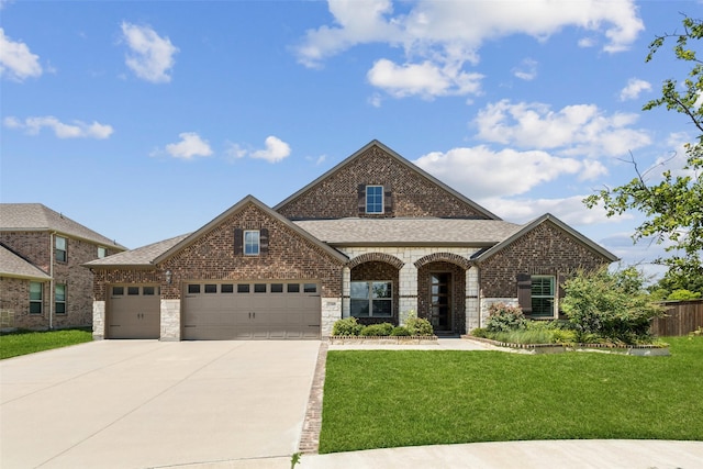 7709 Potter St, Rowlett, TX 75089 - french country inspired facade featuring a front lawn, a garage, concrete driveway, and brick siding