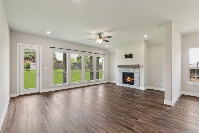 7709 Potter St, Rowlett, TX 75089 - unfurnished living room with a ceiling fan, dark wood-style floors, a fireplace, and recessed lighting