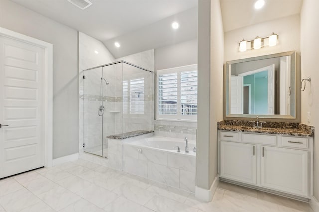 7709 Potter St, Rowlett, TX 75089 - full bathroom featuring a garden tub, a stall shower, vanity, recessed lighting, and vaulted ceiling