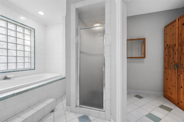 308 Westlane Cir, Woodway, TX 76712 - full bathroom with a stall shower, tile patterned floors, and a bath