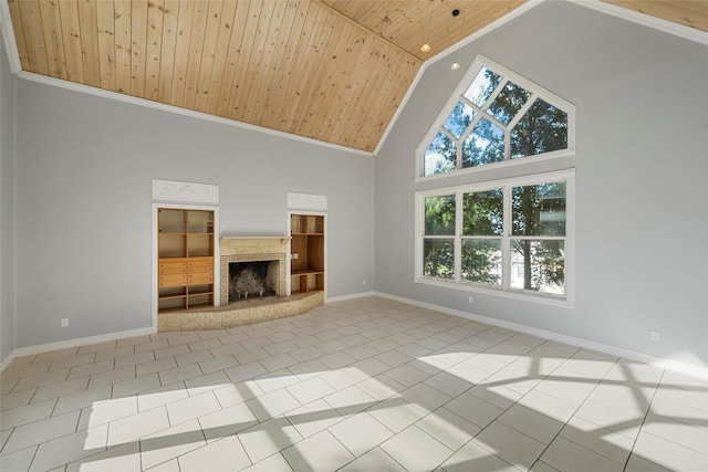 308 Westlane Cir, Woodway, TX 76712 - unfurnished living room with wooden ceiling, high vaulted ceiling, plenty of natural light, tile patterned flooring, and a fireplace with raised hearth