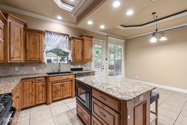 2018 Honeytree Trl, Haughton, LA 71037 - kitchen featuring black microwave, crown molding, light tile patterned floors, tasteful backsplash, and gas stove
