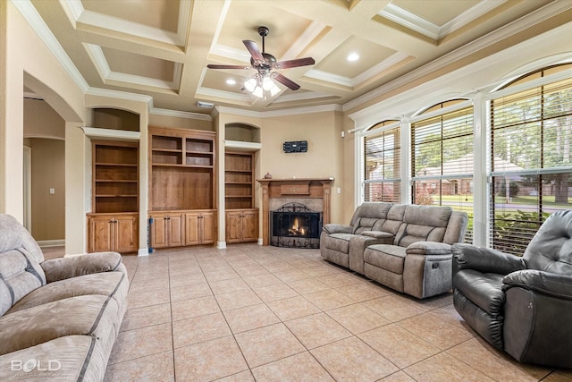 2018 Honeytree Trl, Haughton, LA 71037 - living room with crown molding, light tile patterned floors, a ceiling fan, a warm lit fireplace, and coffered ceiling