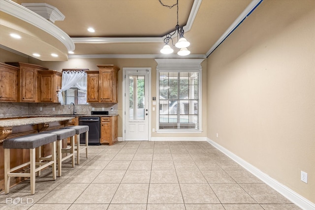 2018 Honeytree Trl, Haughton, LA 71037 - kitchen with black dishwasher, ornamental molding, decorative backsplash, a raised ceiling, and brown cabinets