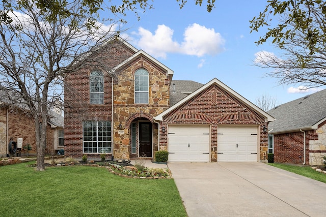 1261 Golf Club Dr, Lantana, TX 76226 - traditional home featuring an attached garage, concrete driveway, a front yard, brick siding, and stone siding