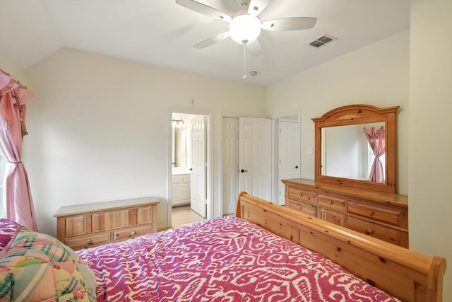 1308 Lakeway Dr, Southlake, TX 76092 - bedroom featuring connected bathroom, vaulted ceiling, and ceiling fan