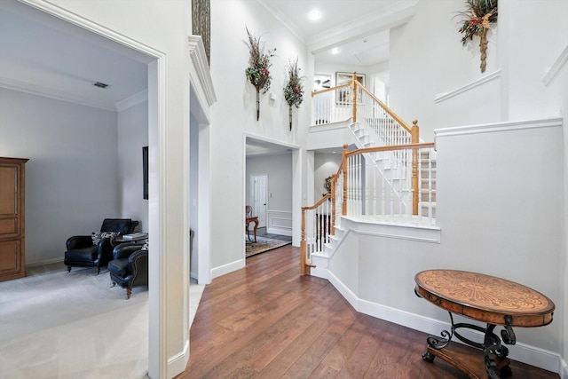 1308 Lakeway Dr, Southlake, TX 76092 - foyer with stairs, crown molding, wood finished floors, and recessed lighting