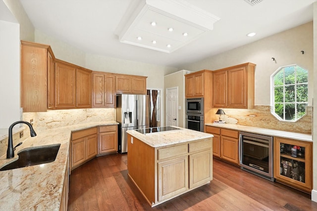 1308 Lakeway Dr, Southlake, TX 76092 - kitchen with stainless steel appliances, beverage cooler, a center island, light stone countertops, and recessed lighting