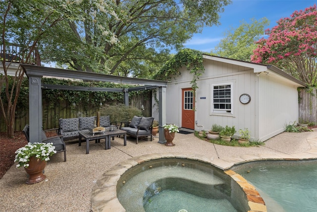 1147 N Windomere Ave, Dallas, TX 75208 - view of swimming pool with an outdoor living space, a patio, an outbuilding, and a pool with connected hot tub