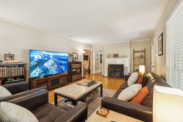 1147 N Windomere Ave, Dallas, TX 75208 - living room featuring wood finished floors, ornamental molding, and a fireplace with flush hearth