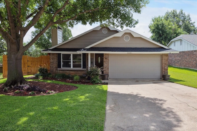 4201 Ravenhill Ln, Arlington, TX 76016 - view of front facade featuring brick siding, a chimney, an attached garage, driveway, and roof with shingles