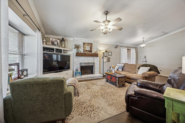 4201 Ravenhill Ln, Arlington, TX 76016 - living room with a ceiling fan, crown molding, and a stone fireplace
