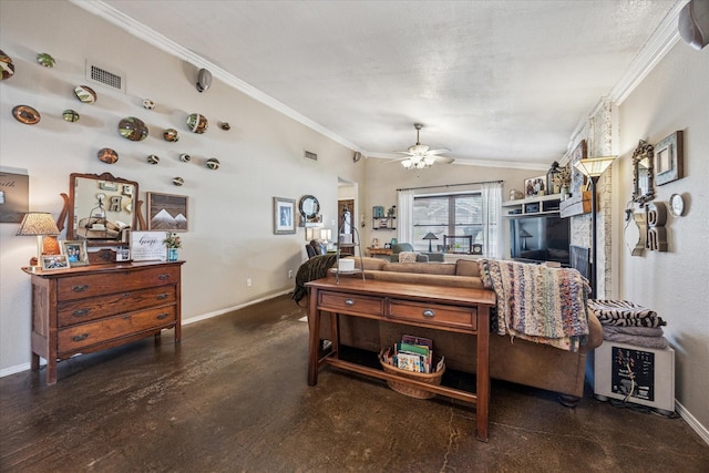 4201 Ravenhill Ln, Arlington, TX 76016 - living area featuring ornamental molding, vaulted ceiling, and ceiling fan