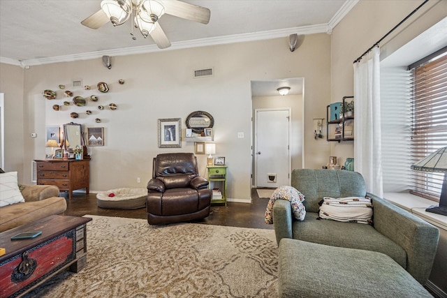 4201 Ravenhill Ln, Arlington, TX 76016 - living room with crown molding, ceiling fan, and healthy amount of natural light