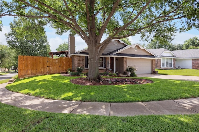 4201 Ravenhill Ln, Arlington, TX 76016 - view of front of house featuring an attached garage, brick siding, concrete driveway, and a chimney