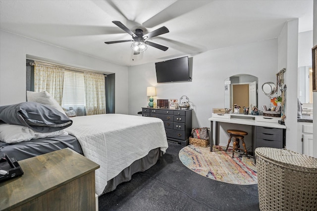 4201 Ravenhill Ln, Arlington, TX 76016 - bedroom with arched walkways, carpet, and ceiling fan