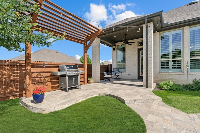 14845 Belclaire Ave, Aledo, TX 76008 - fenced backyard featuring a pergola, ceiling fan, a patio area, and area for grilling