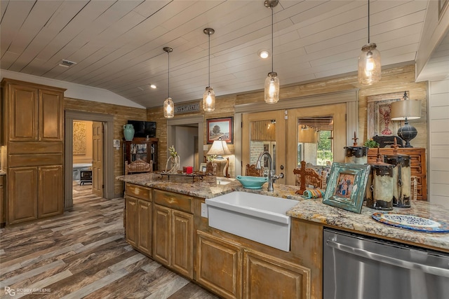 9900 Myrtis Texas Line Rd, Vivian, LA 71082 - kitchen featuring dishwasher, dark wood finished floors, wooden ceiling, vaulted ceiling, and light stone counters