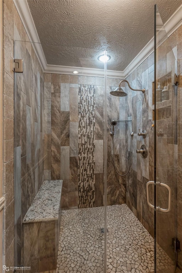 9900 Myrtis Texas Line Rd, Vivian, LA 71082 - bathroom featuring crown molding, a textured ceiling, a stall shower, and recessed lighting