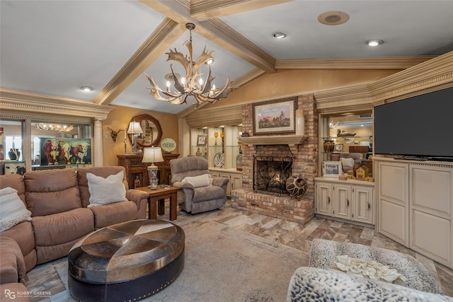 9900 Myrtis Texas Line Rd, Vivian, LA 71082 - living area featuring a chandelier and a brick fireplace