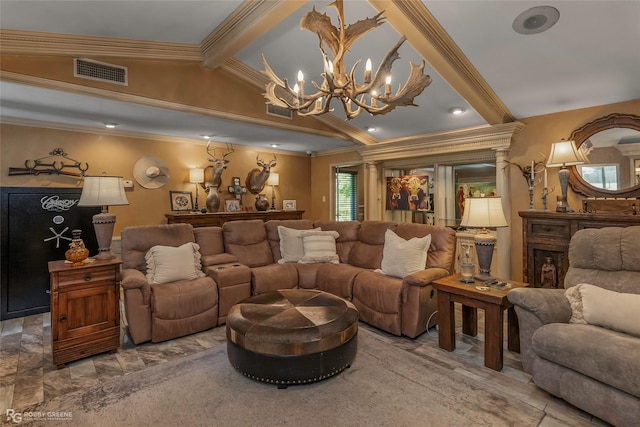 9900 Myrtis Texas Line Rd, Vivian, LA 71082 - living area with ornamental molding and a chandelier