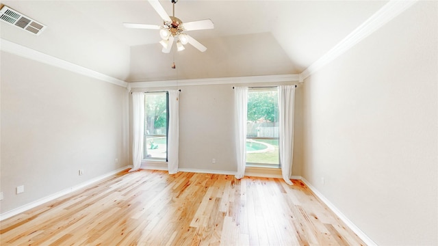 4009 Bickmore Ln, Fort Worth, TX 76244 - unfurnished room with light wood-type flooring, vaulted ceiling, ceiling fan, and ornamental molding