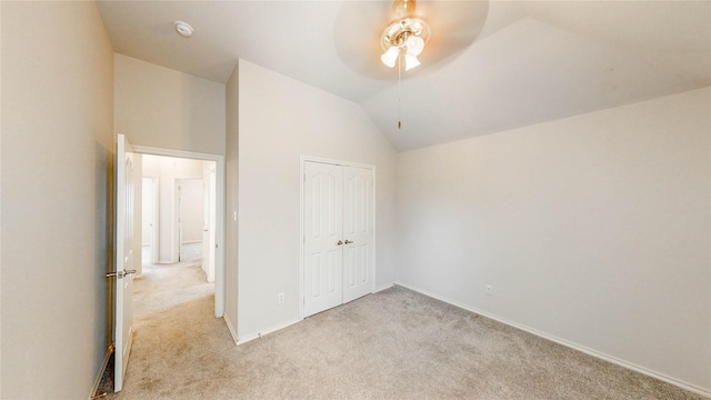 4009 Bickmore Ln, Fort Worth, TX 76244 - unfurnished bedroom with light colored carpet, vaulted ceiling, a closet, and ceiling fan