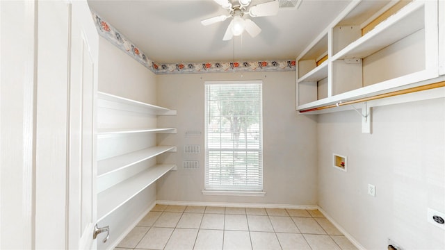 4009 Bickmore Ln, Fort Worth, TX 76244 - washroom with ceiling fan, hookup for a washing machine, light tile patterned floors, and hookup for an electric dryer
