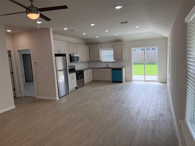 1803 Boxwood Dr, Sherman, TX 75092 - kitchen with stainless steel appliances, vaulted ceiling, ceiling fan, light wood-type flooring, and recessed lighting