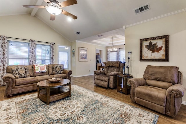 2514 Golden Oaks Dr, Garland, TX 75044 - living room featuring wood finished floors, a chandelier, ceiling fan, and ornamental molding